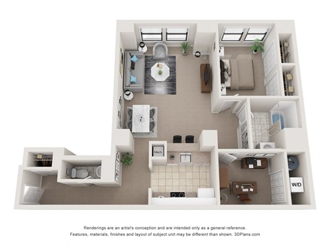 Floor plan for 1 bed, 1.5 baths, 1057 sqft